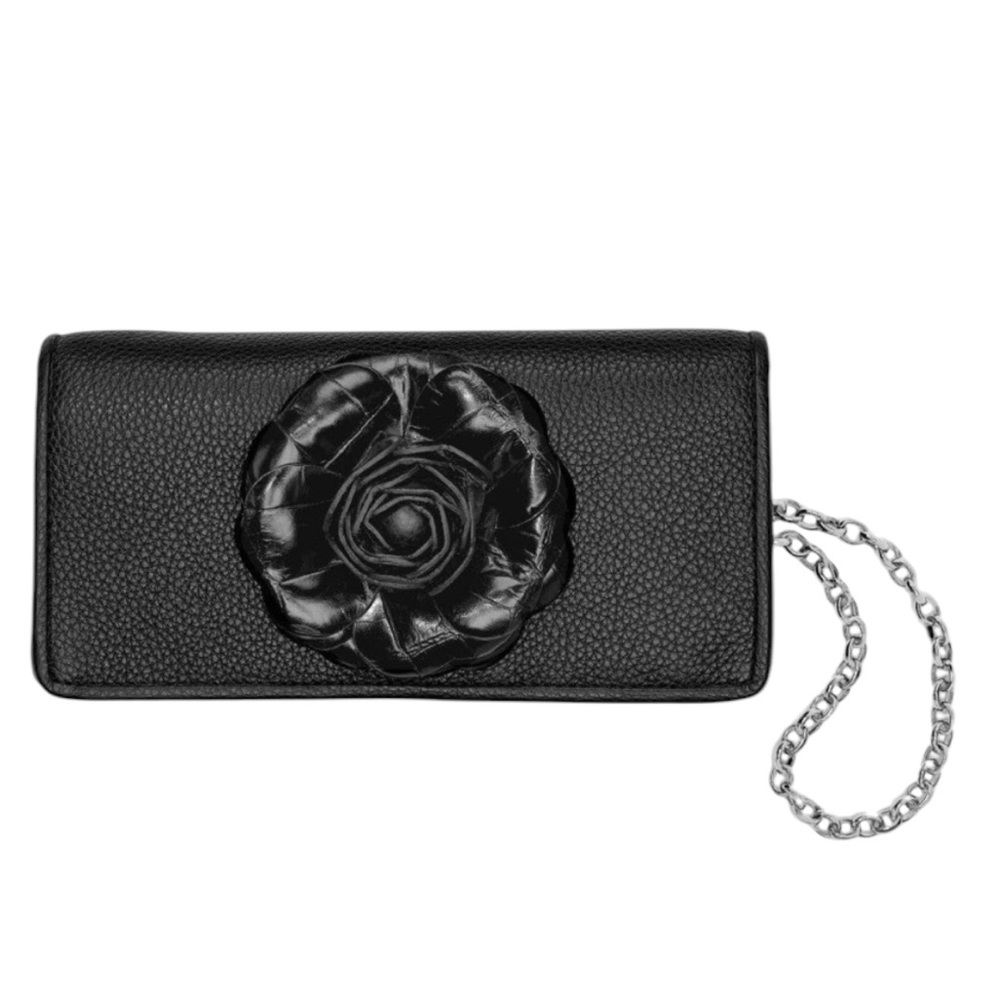 Brighton Black Wallet with Chain and Floral Accent